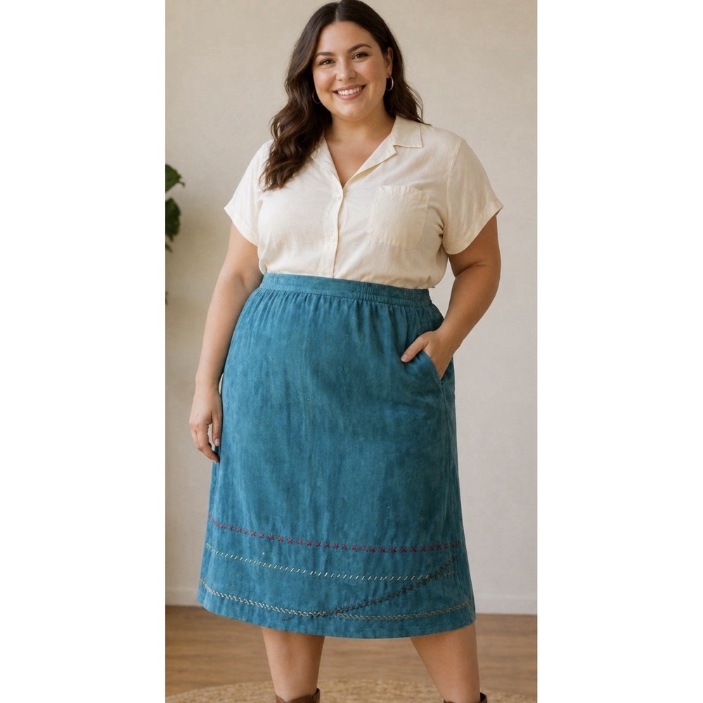 Vintage 80s Koret Embroidered Midi Skirt Size 24W Faux Suede‎ Cottage Grannycore